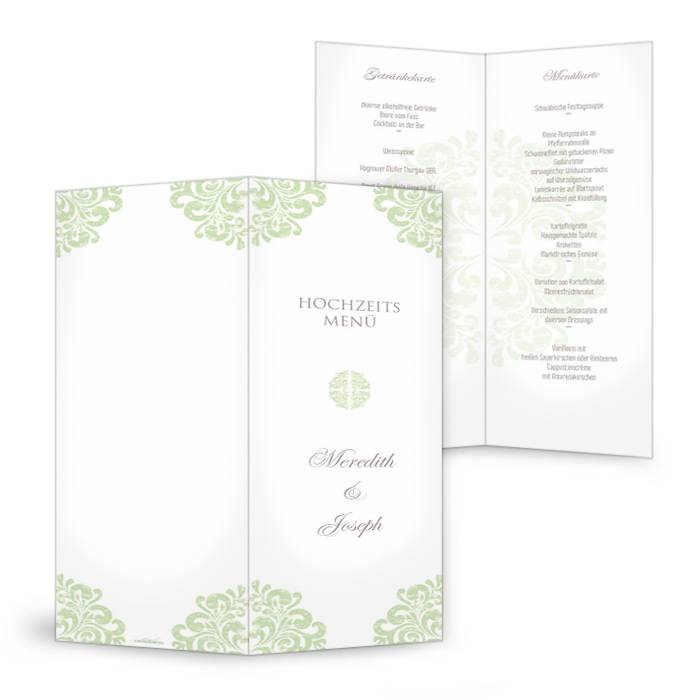 Hochzeits Menükarte mit elegantem barockem Muster in Grün