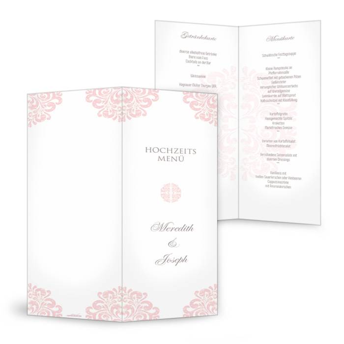 Hochzeits Menükarte mit elegantem barockem Muster in Rosa