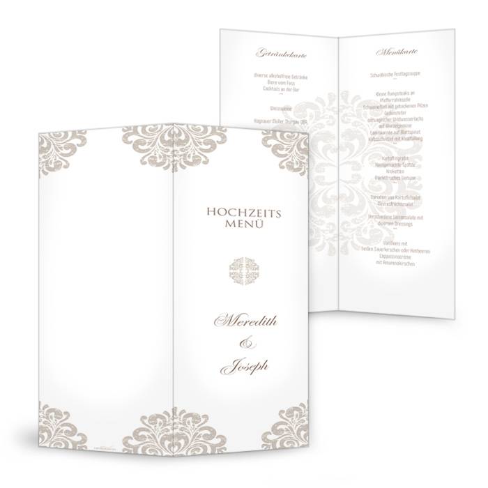 Hochzeits Menükarte mit elegantem barockem Muster in Taupe