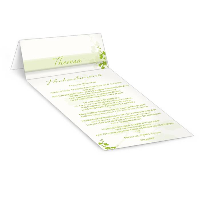 Tischmenükarte zur Hochzeit in Grün mit floralem Muster