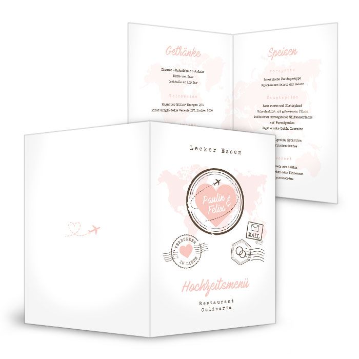 Menükarte zur Hochzeit im Reisedesign mit Herzicon und Weltkarte