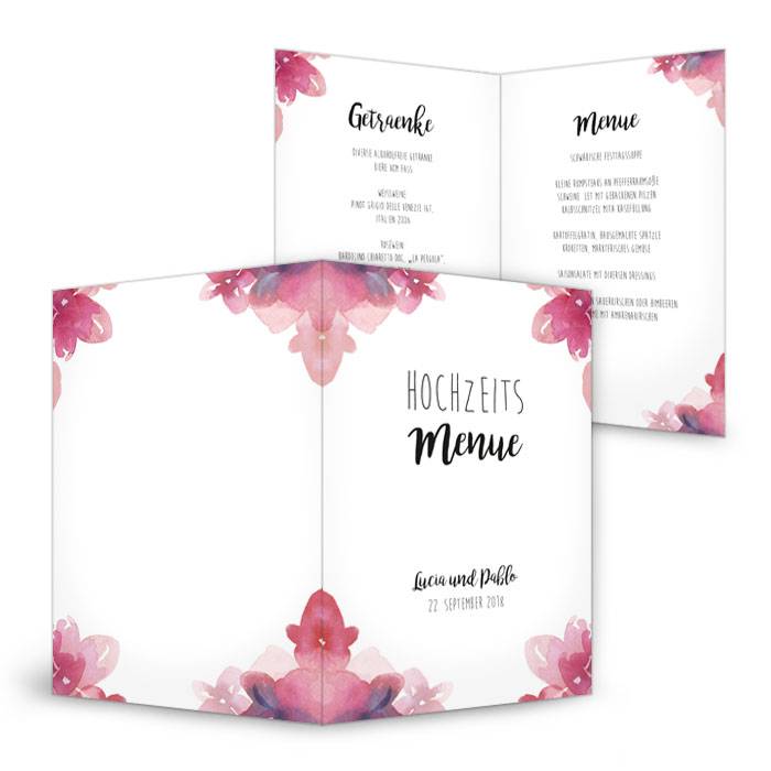 Florale Menükarte zur Hochzeit mit Aquarell Blumen in Pink