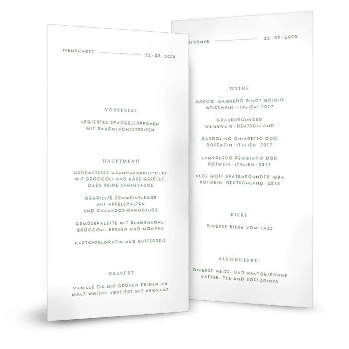 Menükarte zur Hochzeit im minimalistischen Design in Grün
