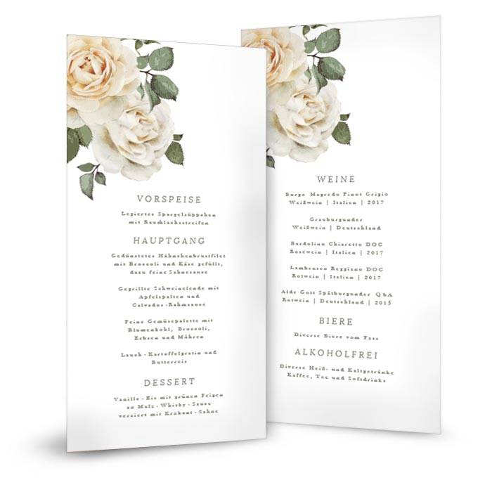 Menükarte zur Hochzeit im Postkartenformat mit weißen Rosen