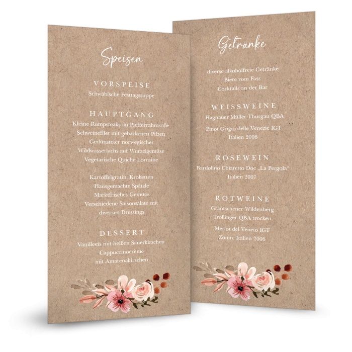 Menuekarte zur Hochzeit mit Blumen und Kraftpapieroptik