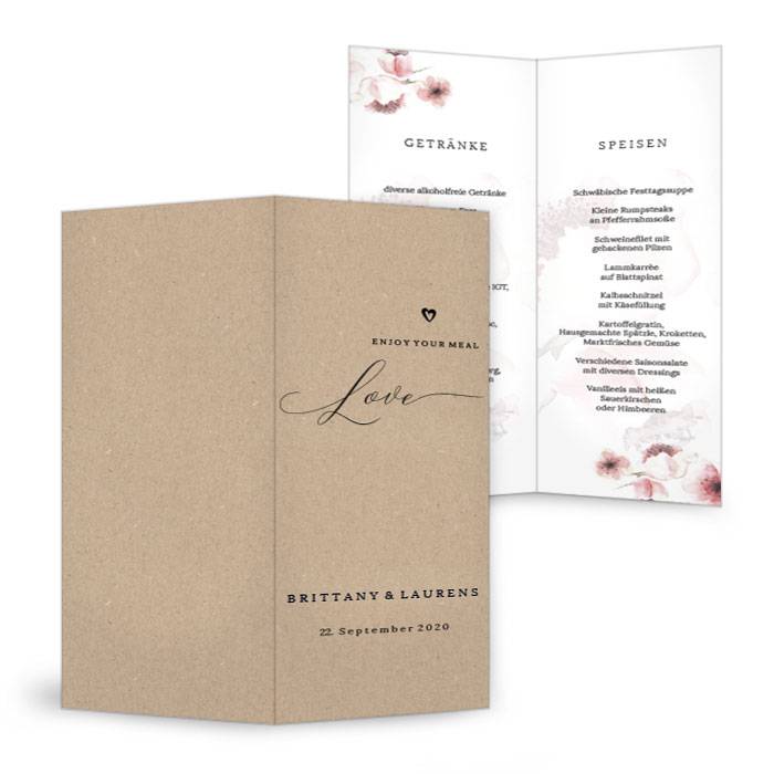 Elegante Menükarte mit Kirschblüten im Naturpapierlook