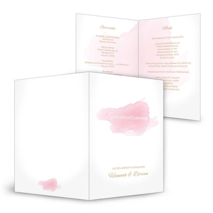 Romantische Menükarte zur Hochzeit im rosa Aquarelldesign