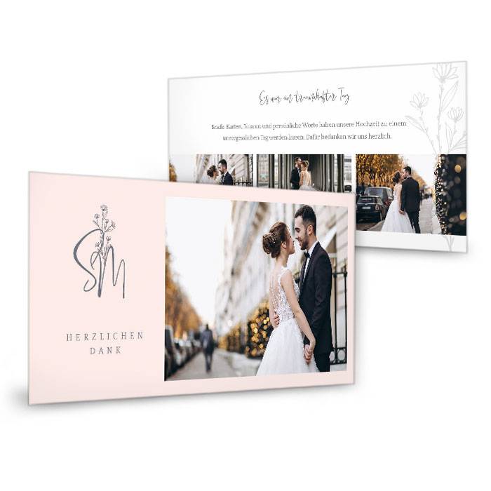 moderne Hochzeitsdanksagung mit Zweig und Fotos in rosa