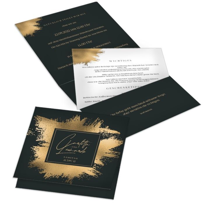 Moderne Hochzeitseinladung im Black and Gold Design mit Goldbrush