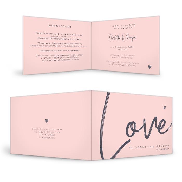 Moderne Hochzeitseinladung mit Love Schriftzug in Rosa