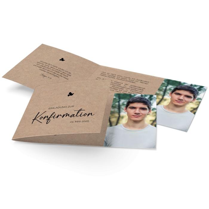Moderne Konfirmationseinladung in Kraftpapieroptik mit Taube und Foto