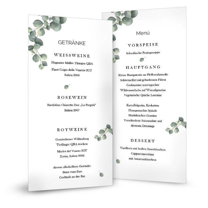 Moderne Menükarte mit Eukalyptus für die Hochzeitstafel