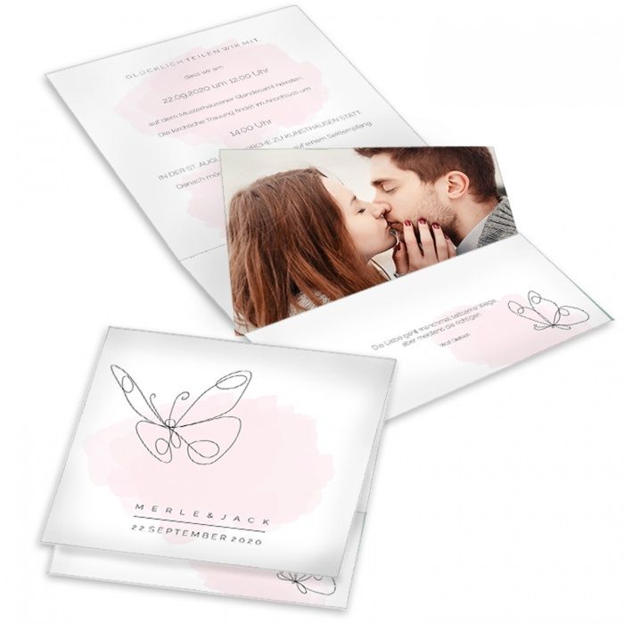 Moderne Pocketfold Einladung zur Hochzeit mit elegantem Lineart Schmetterling