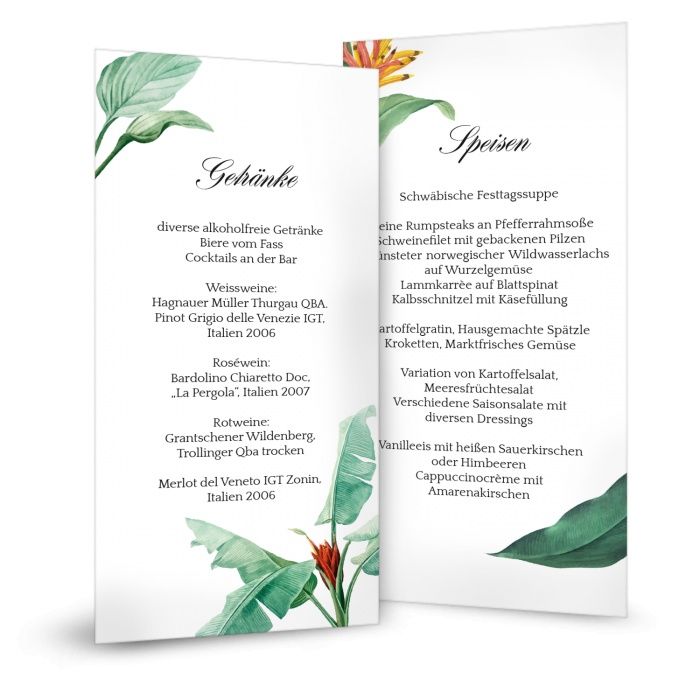Menuekarte zur Hochzeit im Greenerystil mit Blüten + Blättern