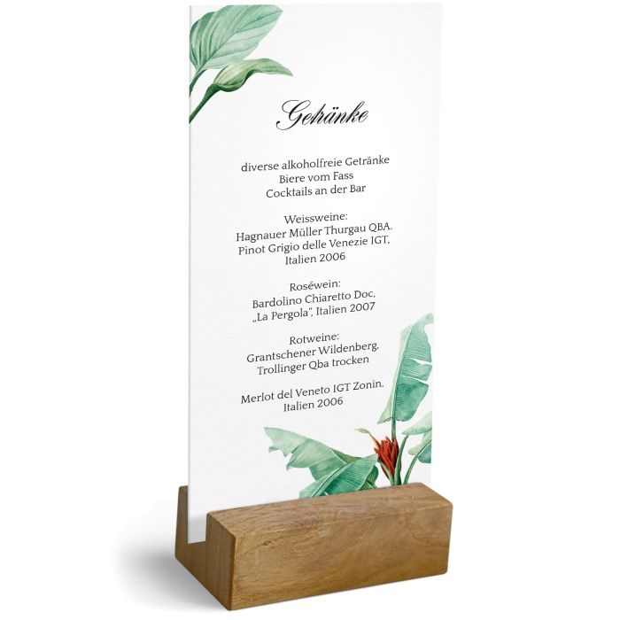 Menuekarte zur Hochzeit im praktischen Holzaufsteller im Greenerystil mit Blüten und Blätt