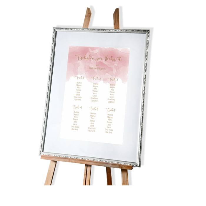 Tischplan zur Hochzeit mit Aquarell in rosa und Kalligraphie