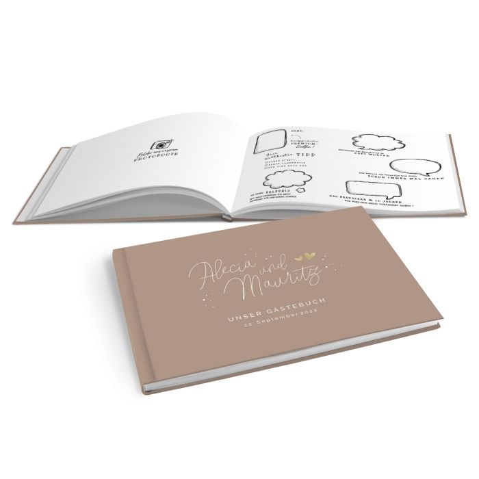 Modernes Hardcover Gästebuch in Taupe zur Hochzeit mit goldfarbenen Herzen