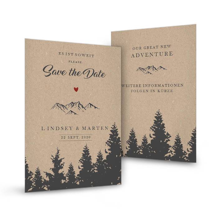 Save the Date Karte zur Hochzeit mit Berg und Wald Motiv