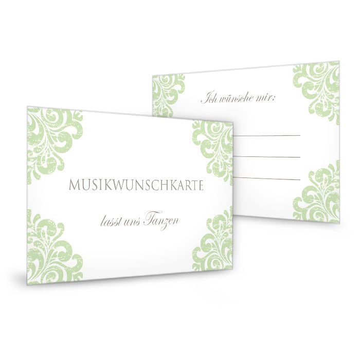 Musikwunschkarten zur Hochzeit mit barockem Muster in Grün