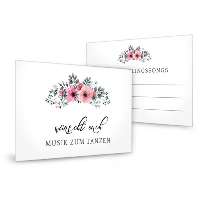Musikwunschkarten zur Hochzeit mit rosa Aquarellblumen