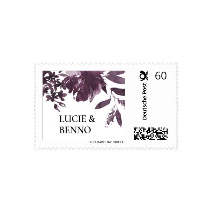 Persönliche Briefmarke in eurem Hochzeitsdesign mit bordeauxfarbenen Aquarellblumen