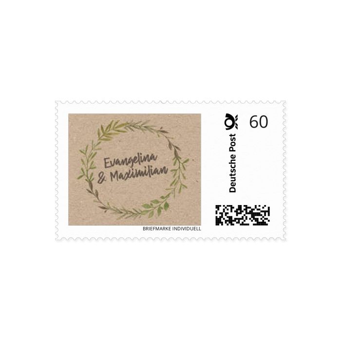 Persönliche Briefmarke in Kraftpapieroptik und Greenery Kranz mit euren Namen