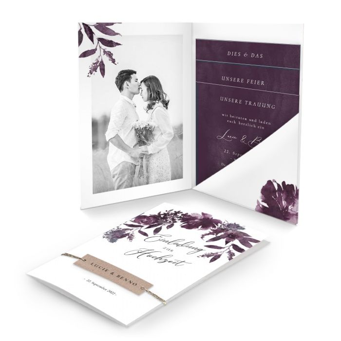 Pocket Hochzeitseinladung mit Aquarellblumen in Bordeaux und Foto