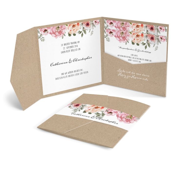 Pocket Fold Hochzeitseinladung mit Blüten im Aquarellstil