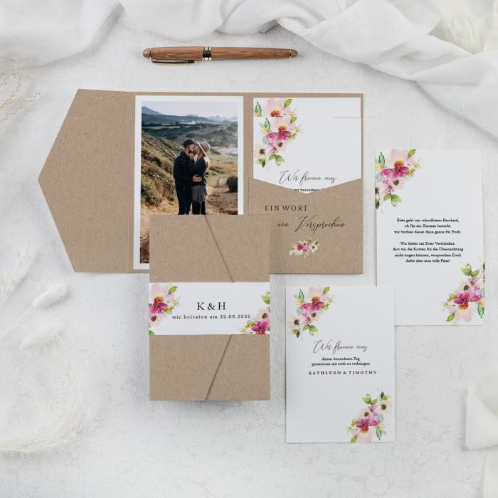 Hochzeitseinladung mit bunten Aquarellblumen als Pocket Fold