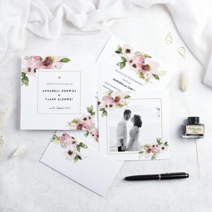 Pocketfold Einladung zur Hochzeit mit Blumendesign in Rosa