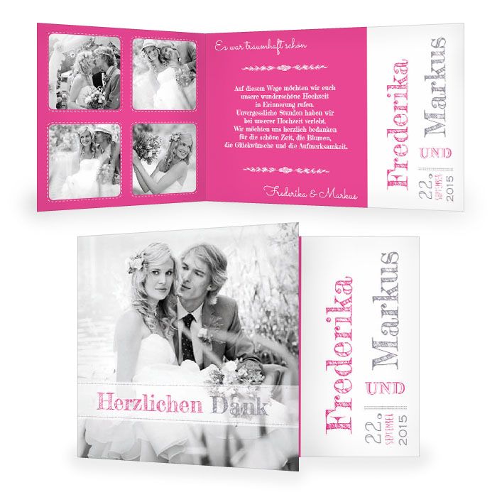 Hochzeitsdanksagung mit großem Foto und cooler Schrift in Pink