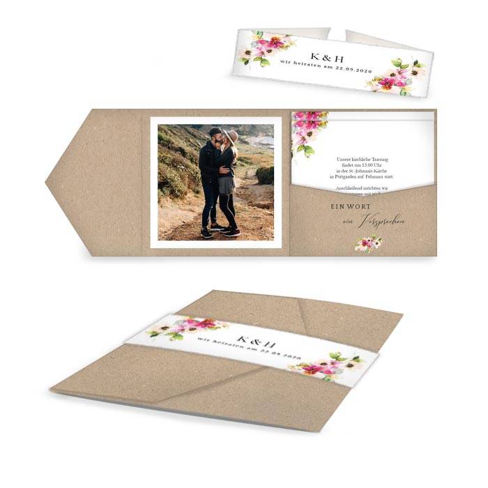 Quadratische Pocketfold Hochzeitseinladung mit bunten Blüten