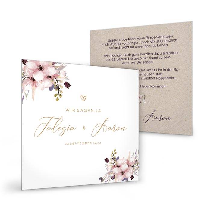 Quadratische Postkarte als Hochzeitseinladung mit Aquarellblumen