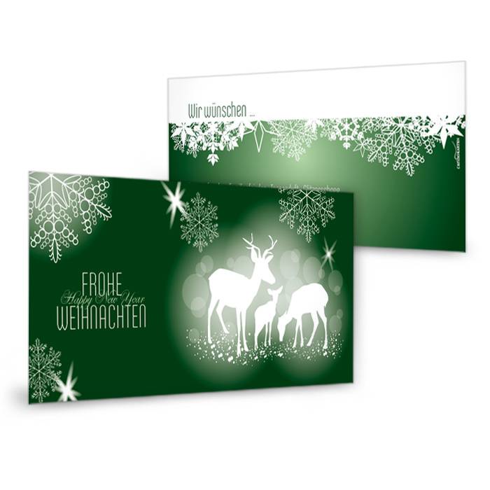 Geschäftliche Weihnachtskarte in Tannengrün mit Rehen