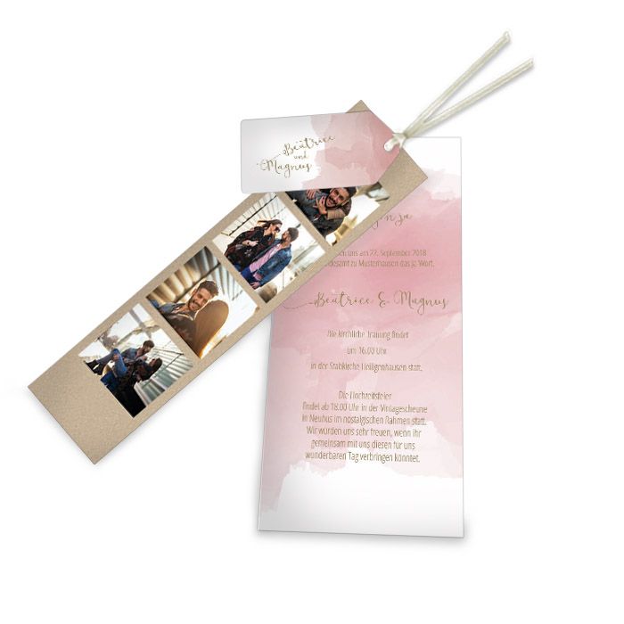 Hochzeitseinladung im rosa Aquarellstil mit Fotostreifen