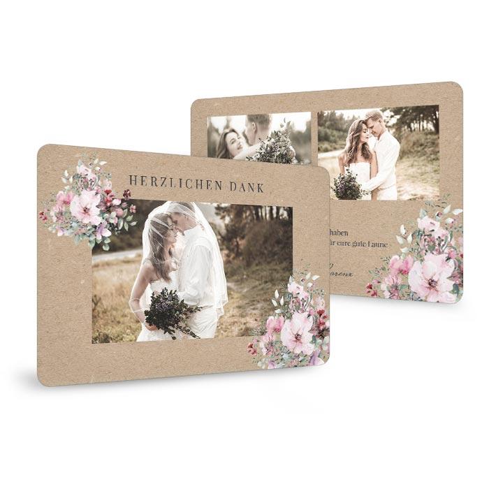 Romantische Danksagung zur Hochzeit in Kraftpapieroptik mit Aquarellblumen