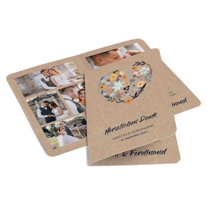 Romantische Danksagung zur Hochzeit in Kraftpapieroptik mit floralem Herz und vielen Fotos
