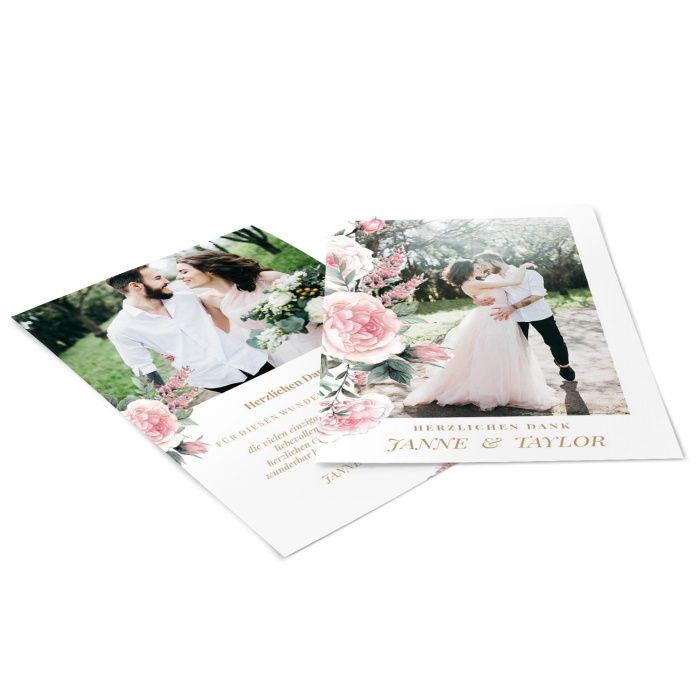Romantische Hochzeitsdanksagung im Landhausstil mit rosa Rosen und Fotos