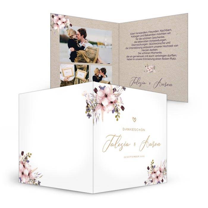 Romantische Hochzeitsdanksagung in Kraftpapier Optik als Klappkarte