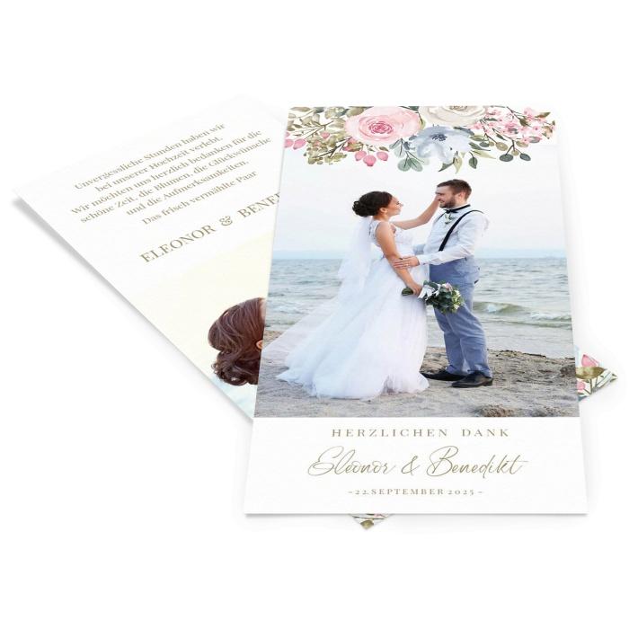 Romantische Hochzeitsdanksagung mit Aquarellrosen in Pastellfarben und euren schönsten Fotos