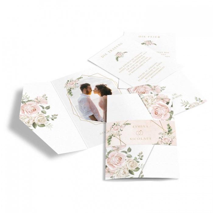 Romantische Hochzeitseinladung als Pocket mit Aquarellblumen in Rosa