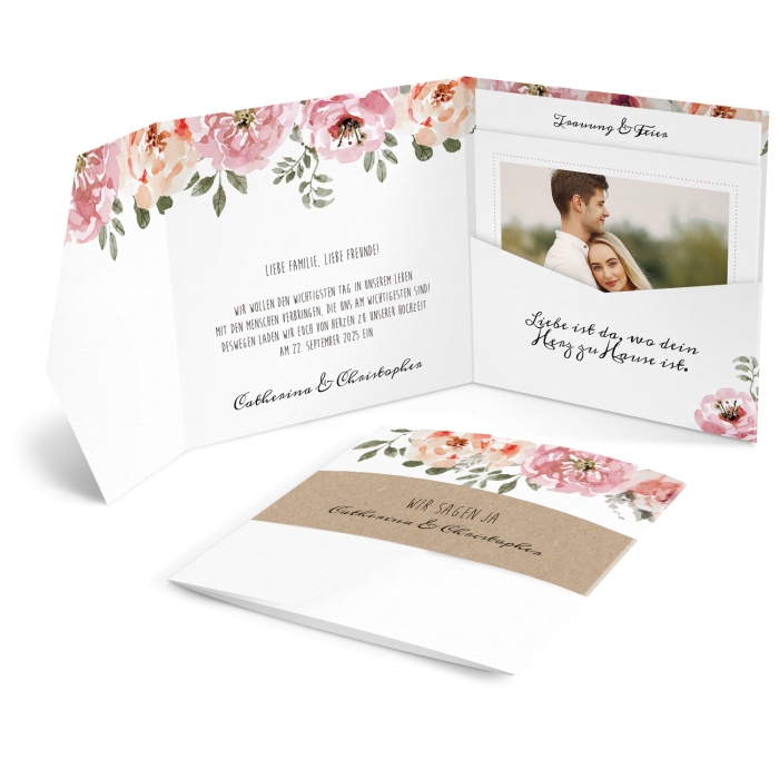 Romantische Hochzeitseinladung im Watercolordesign mit Rosen - online selbst gestalten