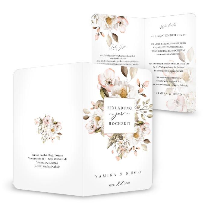 Romantische Hochzeitseinladung mit Blumen in Rosa und Weiß