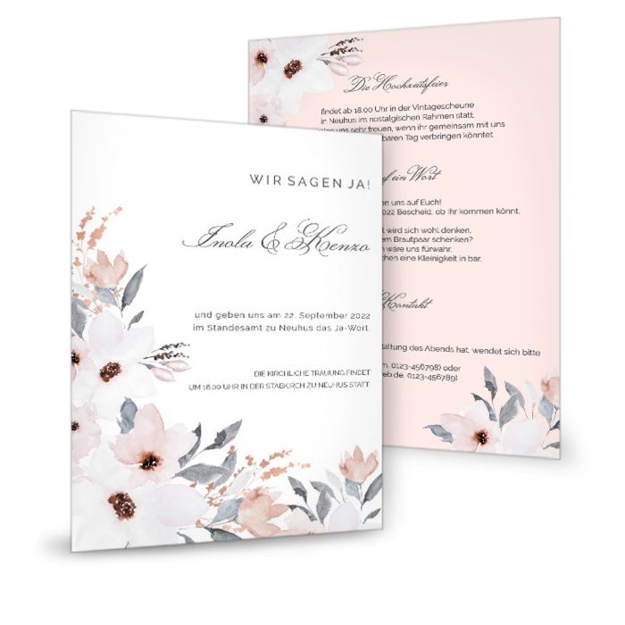 Romantische Hochzeitseinladung mit zarten Aquarellblumen in Rosa