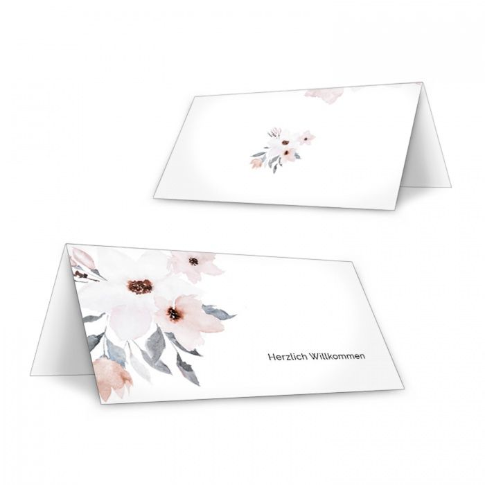 Romantische Tischkarte mit Aquarellblumen in Pastelfarben zum Beschriften
