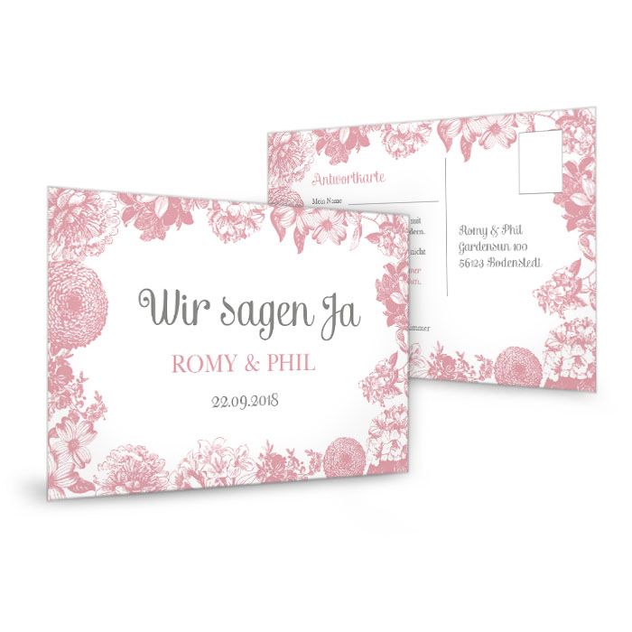 Florale Antwortkarte zur Hochzeit in Rosa und Weiß
