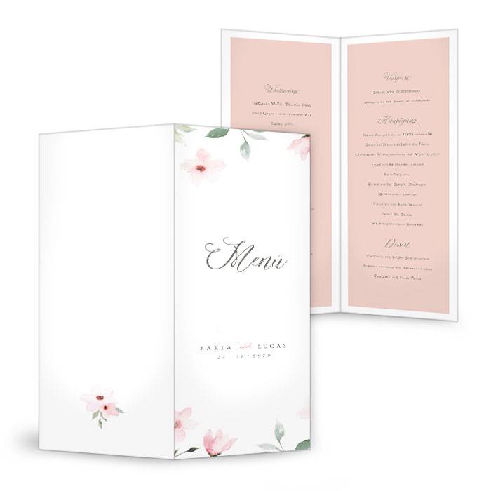 Romantische Menükarte zur Hochzeit mit Blütenmuster in Rosé