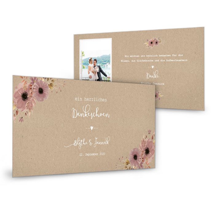 Hochzeitsdanksagung in Kraftpapieroptik mit Aquarellblumen