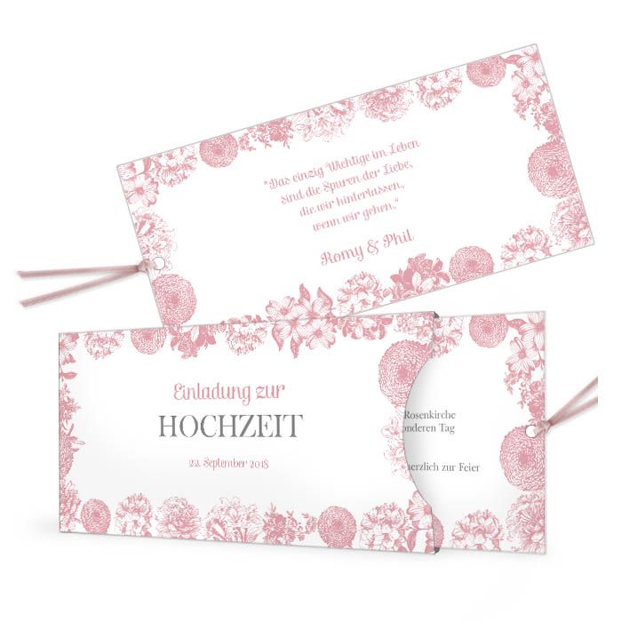 Hochzeitseinladung als Einsteckkarte mit Blumen in Rosa