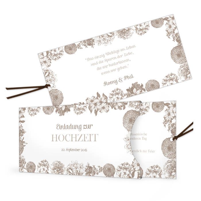 Hochzeitseinladung als Einsteckkarte mit Blumen in Braun